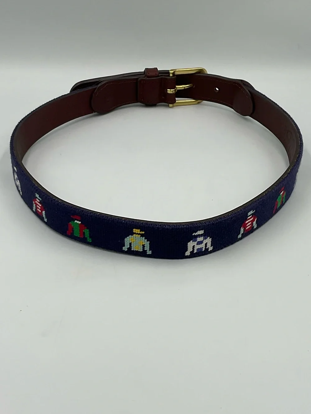 Boy’s Tucker Blair Jockey Silk Hand Stitched Needlepoint Leather Belt Size Large